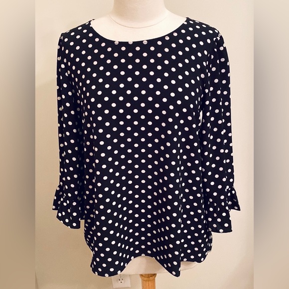 bobeau Tops - Bobeau Black White Polka Dot Print Scoop Neck 3/4” Sleeves Casual Top Size M